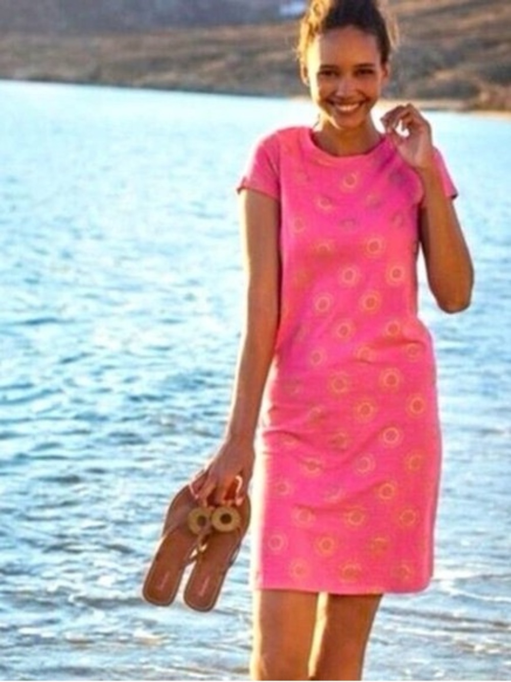 NWOT Boden Size 8 Coralie Sunburst T-Shirt Dress Short Sleeve Pink Metallic Gold